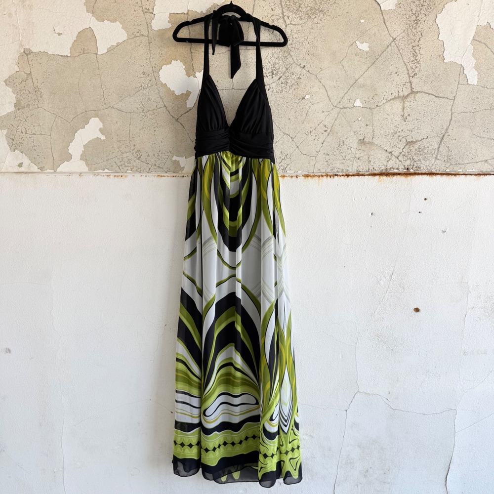 Y2K‎ Maxi Dress Retro Psychadelic Print Halter Empire Waist Womens M Retro 2000s